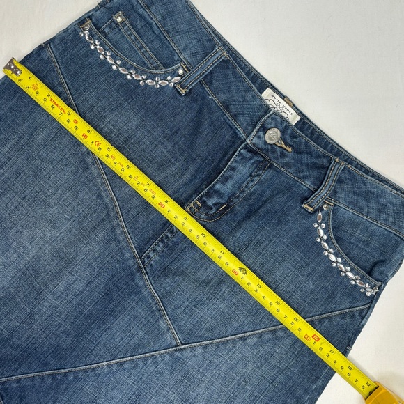 White House Black Market denim rhinestones patchwork mini skirt - Picture 6 of 7